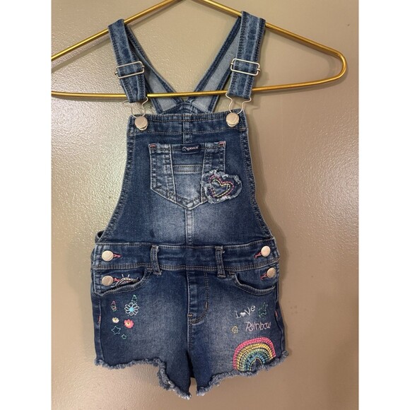 Jordache Girl Size 5T-NP-5 Denim Shorts Coveralls Blue with Sewn Emblems - Picture 1 of 3